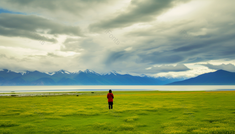 一个黑色头发的女人站在绿色的草原看向远方,高清,摄影图,摄影图片,图片大全,摄影图免费下载